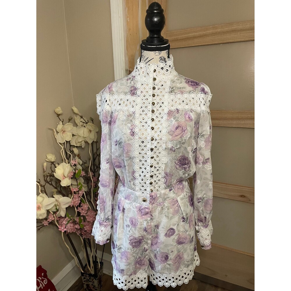 Muy Muy Lace Embroidered Romper Sheer White Purple High Neck Sz Small - Picture 3 of 9